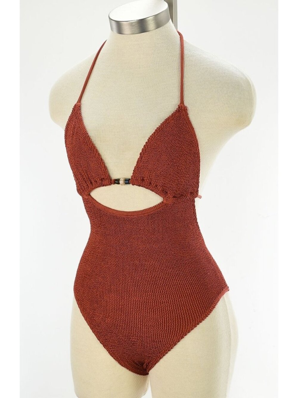 BOND-EYE Bronze Shimmer BEADED FOWLER Crinkle One Piece Swimsuit ONE SIZE NWT